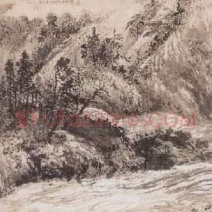溥松窗《大渡桥横铁索寒》国画山水写意作品图片赏析