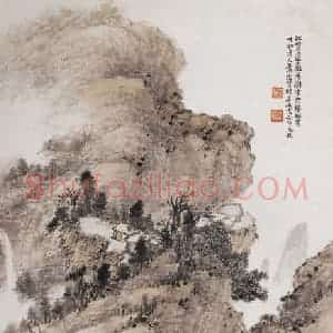1942年 肖俊贤《仿江贯道岩居图》国画山水写意作品图片赏析