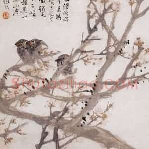 1886年 任伯年《雪雀寒梅图》国画花鸟画作品图片赏析