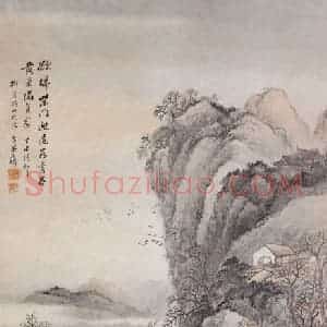 1907年 吴石仙《柴门扫叶》国画山水画作品图片赏析