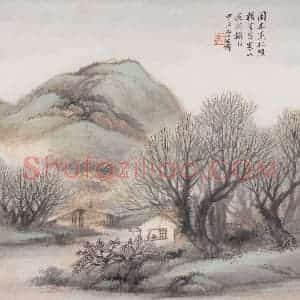 1914年 吴石仙《策杖春山》国画山水画作品图片赏析