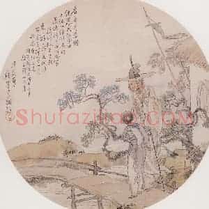 1896年 钱慧安《拄杖踏春图》国画人物画作品图片赏析