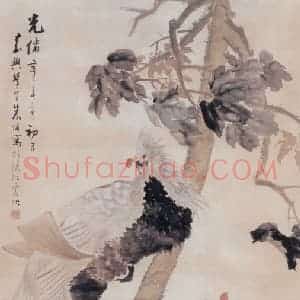 1881年 朱偁《秋梧栖凤》国画花鸟画作品图片赏析