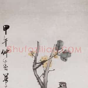 1894年 朱偁《梅雀图》国画花鸟画作品图片赏析