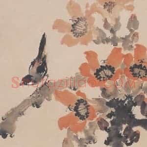 1946年 赵少昂《红棉小雀》国画花鸟作品图片赏析