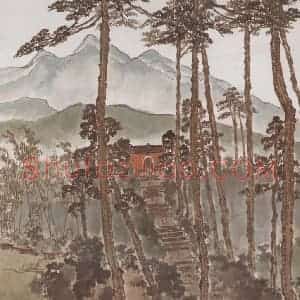 1946年 陈树人《万杉寺之夕》国画山水作品图片赏析