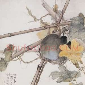 1915年 高剑父《瓜棚水影图》国画花鸟作品图片赏析