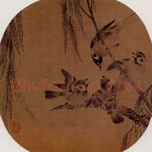 宋代 夫名《杨柳乳雀图》国画花鸟作品图片赏析