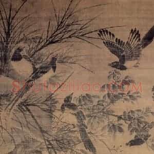 明代 林良《秋坡聚禽图》国画花鸟作品图片赏析
