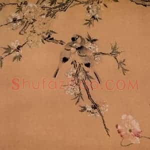 清代 颜岳《桃花双禽图》国画花鸟作品图片赏析