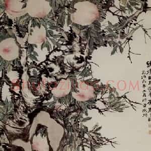 清代 赵之谦《桃实牡丹图》国画花鸟作品图片赏析
