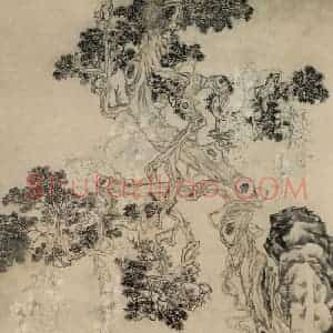 清代 李鳝《柏树牡丹》国画花鸟作品图片赏析