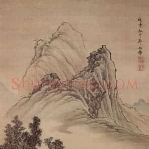1668年 邹喆《搞阁临江图》国画山水作品图片赏析