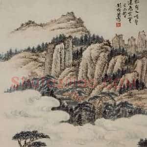 民国 萧愻《松影瀑声》国画山水作品图片赏析