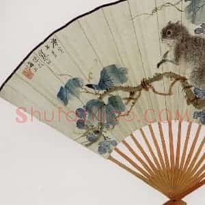 现代 江上渔《葡萄松鼠》国画花鸟作品图片赏析