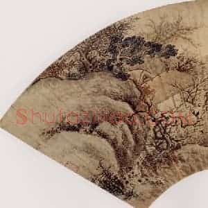 明代 项圣谟《天寒有鹤守梅花图扇》国画花鸟作品图片赏析