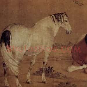 清代 朗世宁《柳荫双骏图》国画作品图片赏析