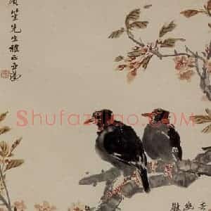 汪亚尘《鹩哥樱花》国画花鸟写意作品图片赏析