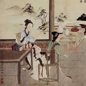 1933年 王叔晖《二乔检书图》国画人物工笔作品图片赏析