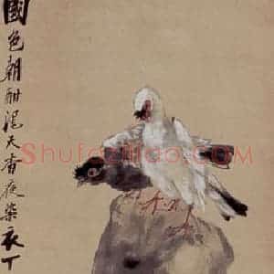 1917年 程璋《牡丹双鸽》国画花鸟作品图片赏析