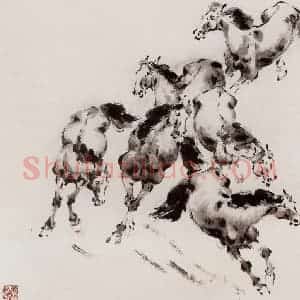 2002年 袁晓岑《六骏》国画花鸟写意作品图片赏析