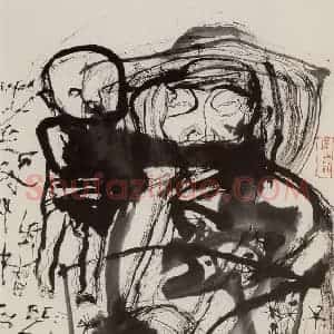 2004年 石虎《情谐 老来性情谐稚子》国画人物作品图片赏析