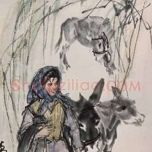 现代 黄胄《黄胄维族姑娘牵驴图轴》国画人物作品图片赏析
