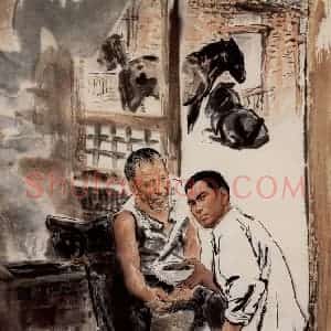 1975年 方增先《马老四和肖长春艳阳天插话之三》国画人物作品图片赏析