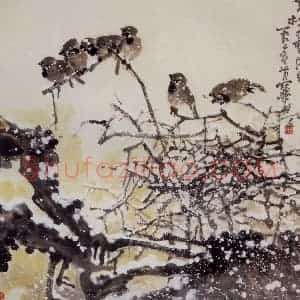 1992年 高冠华《寒林飞雪落纷纷》国画花鸟作品图片赏析