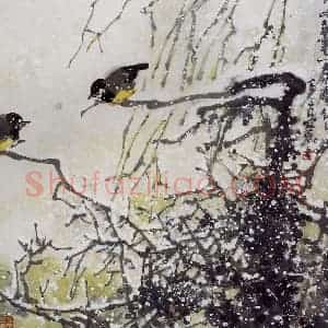 1993年 高冠华《飞雪、小鸟》国画花鸟作品图片赏析