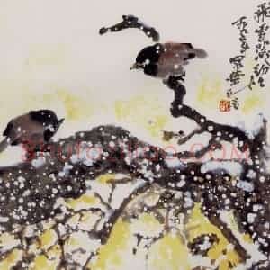 1995年 高冠华《飞雪落纷纷》国画花鸟作品图片赏析