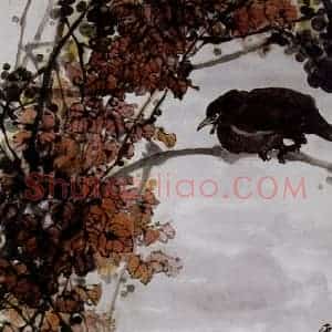 1981年 高冠华《霜天月落夜鸟啼》国画花鸟作品图片赏析