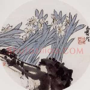1950-60年代之间 潘天寿《墨石水仙》国画花鸟作品图片赏析