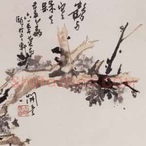 1961年 潘天寿《梅鹤图轴》国画花鸟作品图片赏析