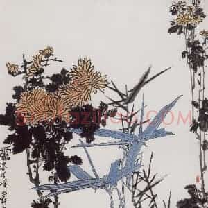 1960年代 潘天寿《菊竹图轴》国画花鸟作品图片赏析