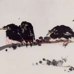 1962年 潘天寿《八哥崖石图轴》国画花鸟作品图片赏析