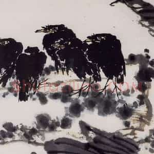 1962年 潘天寿《八哥崖石图轴》国画花鸟作品图片赏析