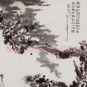 1966年 潘天寿《梅月图轴》国画花鸟作品图片赏析