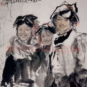 1984年 刘国辉《曲木家的小客人》国画人物作品图片赏析