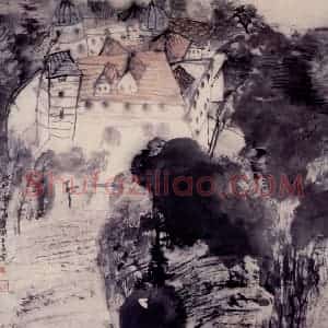 1987年 刘国辉《森林中的古堡》国画山水作品图片赏析
