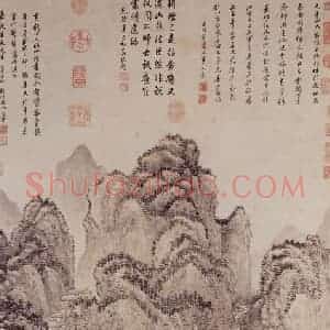 清代 王翚《仿王蒙秋山读书图》国画山水浅设色作品图片赏析