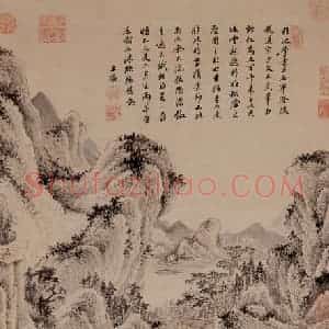 清代 王鉴《临王蒙松阴丘壑》国画山水浅设色作品图片赏析