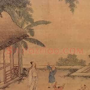明代 周臣《画闲看儿童捉柳花句意》国画综合作品图片赏析