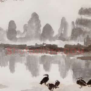 现代 徐悲鸿《漓江两岸轴》国画山水作品图片赏析