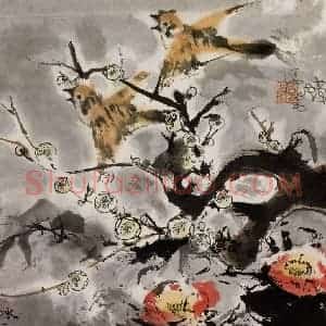 1982年 程十发《冰雪茶梅》国画花鸟作品图片赏析