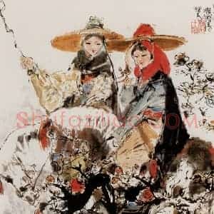 1984年 程十发《踏雪赏梅》国画综合作品图片赏析