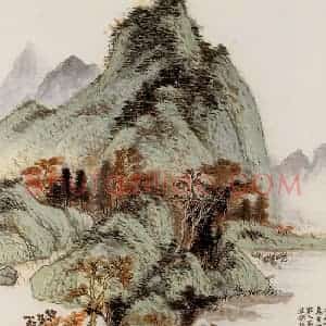 1943年 程十发《青山绿水》国画山水作品图片赏析