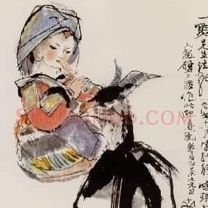 1978年 程十发《迎佳宾》国画人物作品图片赏析