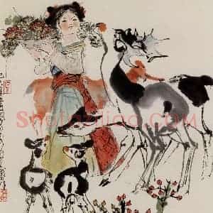 1979年 程十发《菊寿图》国画人物作品图片赏析