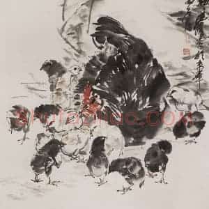 1985年 黄胄《母子鸡》国画综合作品图片赏析